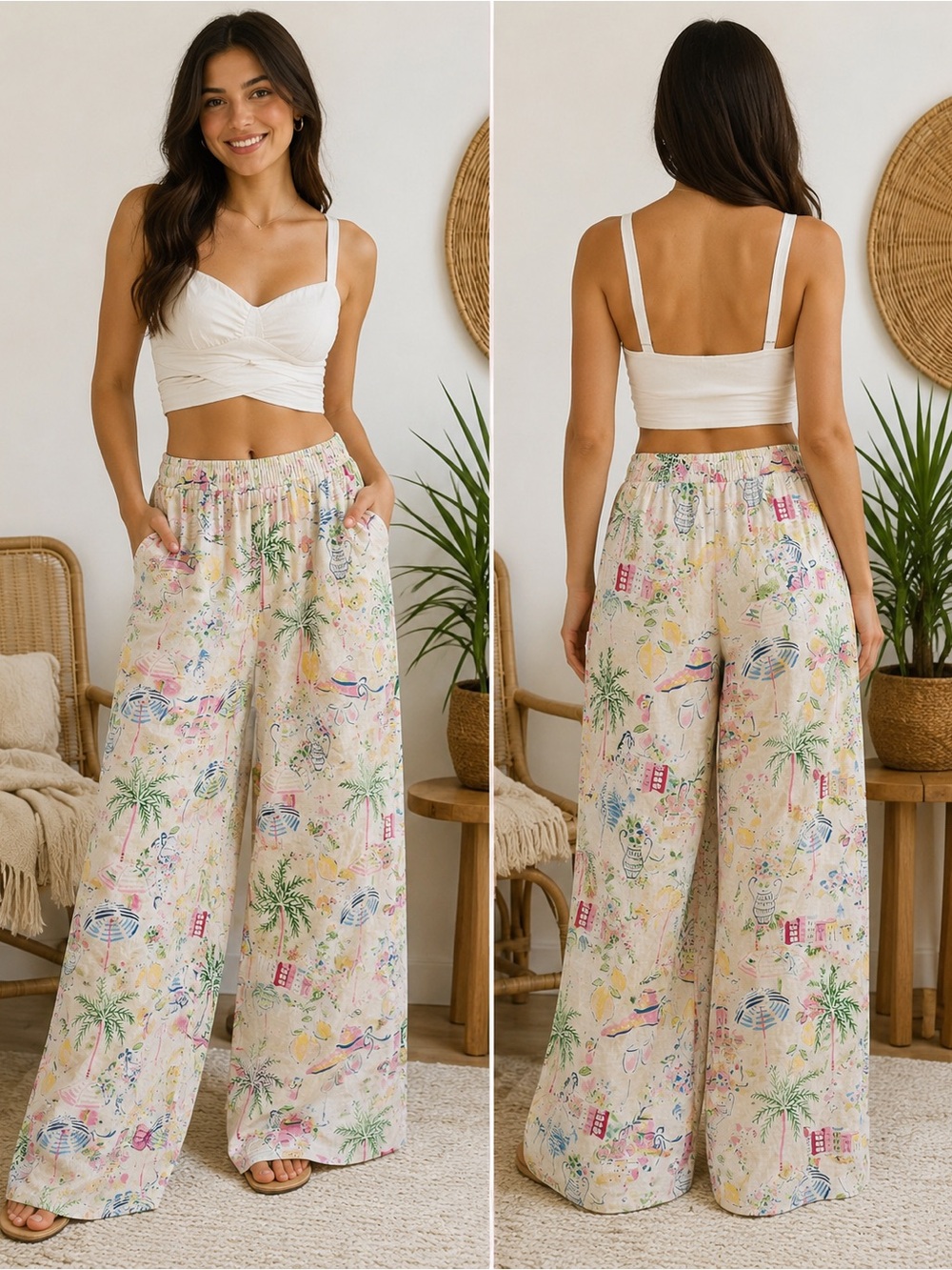 Calypso St. Barth Linen Wide Leg Tropical Resort Pants Size Large